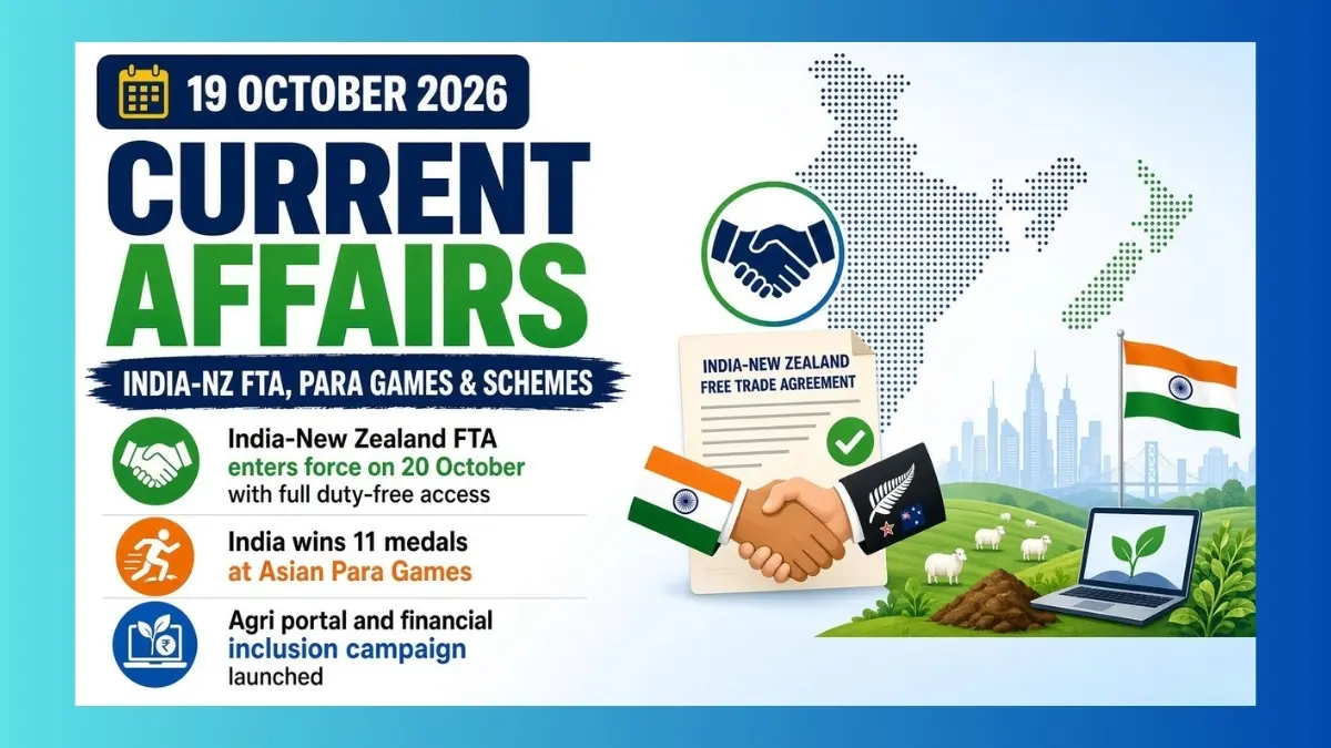 Banner for 19 October 2026 current affairs covering India-New Zealand FTA entry into force and India’s medal haul at the Asian Para Games.