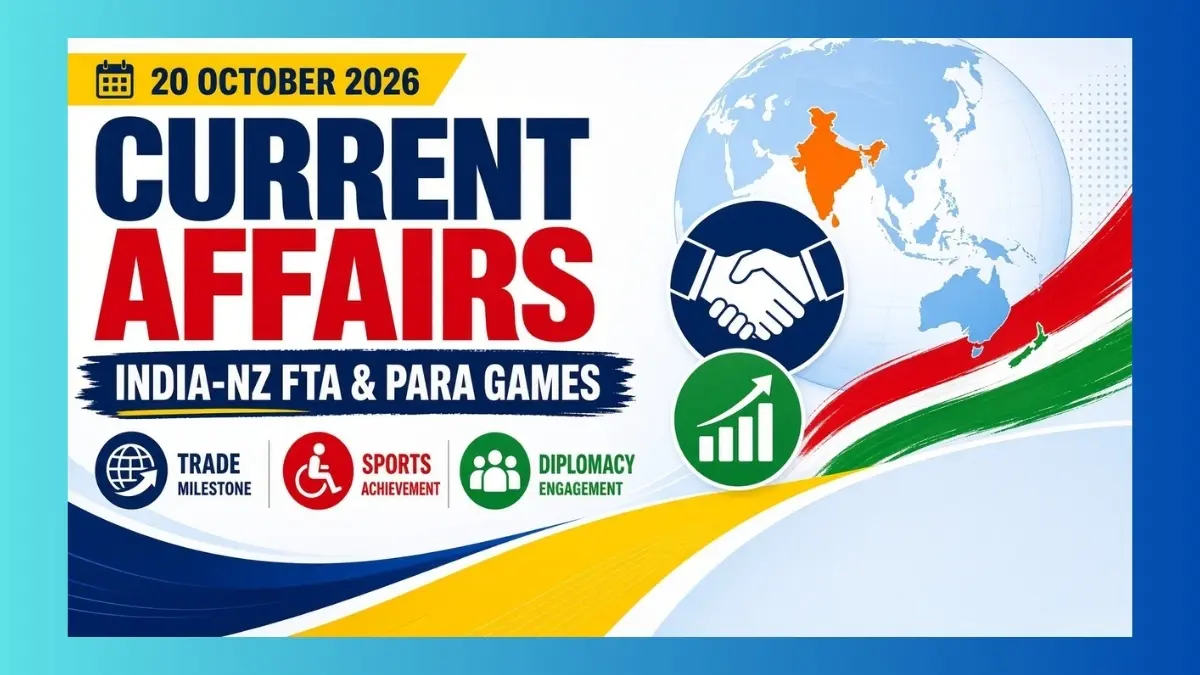 Banner graphic for 20 October 2026 current affairs covering the India-New Zealand FTA and Asian Para Games medals