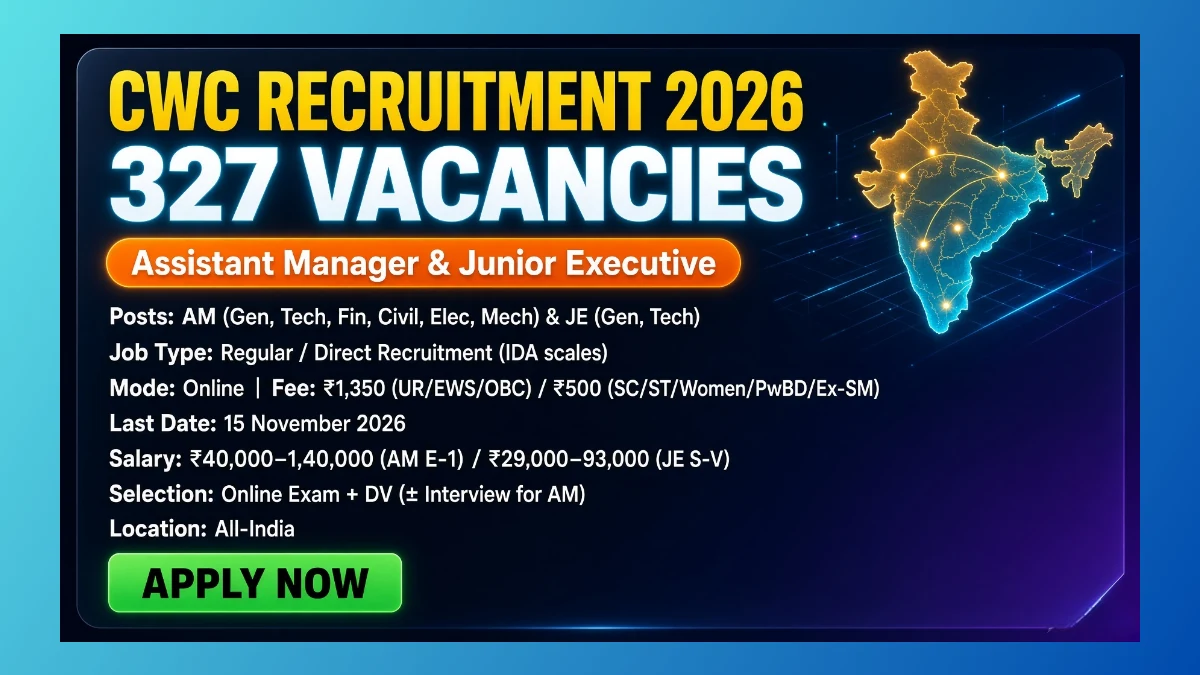 CWC Assistant Manager and Junior Executive Recruitment 2026 for 327 posts across India