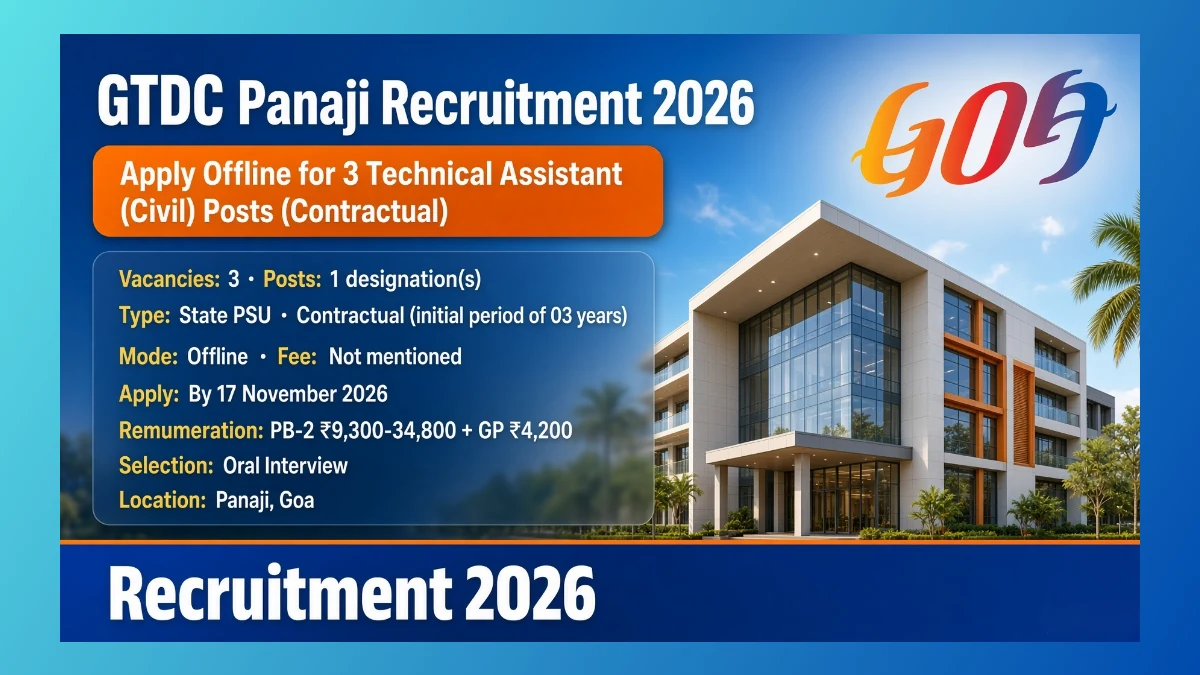 GTDC Technical Assistant Civil recruitment 2026 for 3 contract posts in Panaji