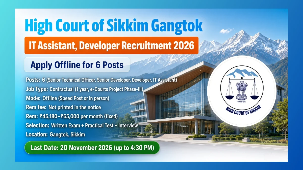 High Court of Sikkim Gangtok IT Assistant Developer Recruitment 2026 for 6 contractual posts