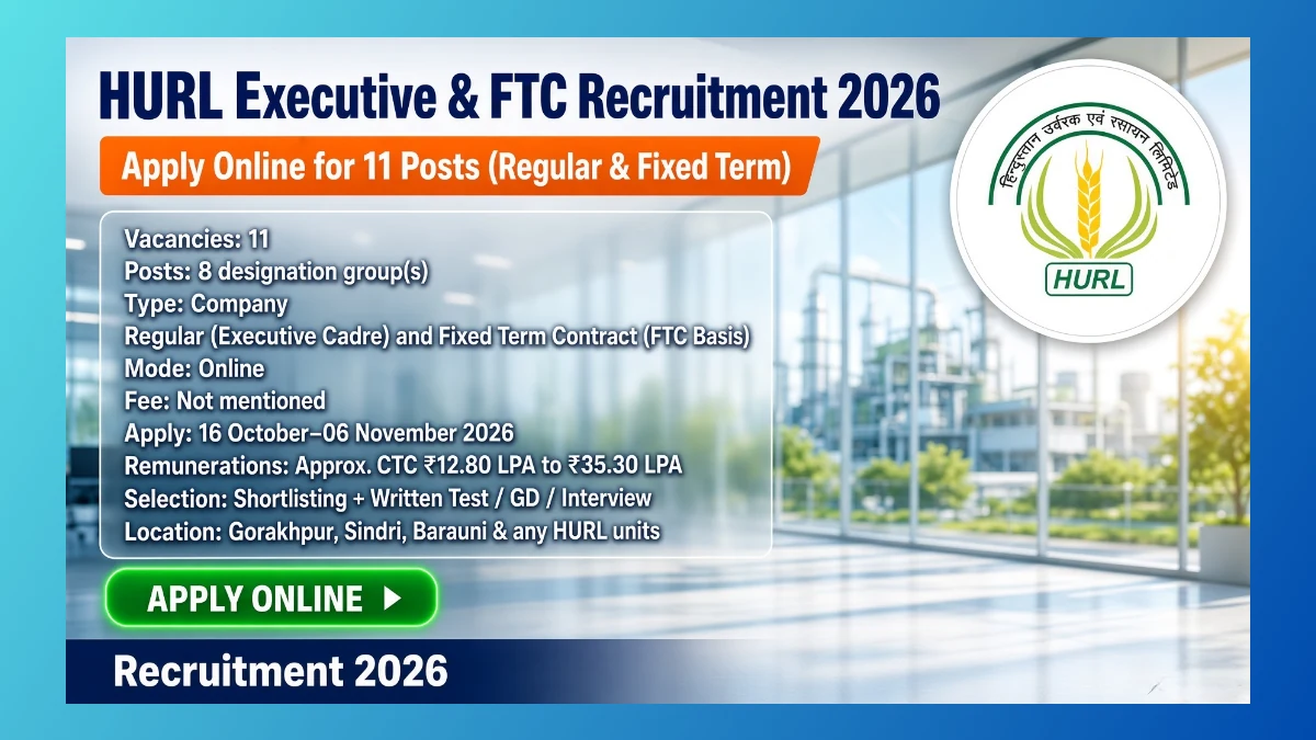 HURL executive and FTC recruitment 2026 notification for 11 posts