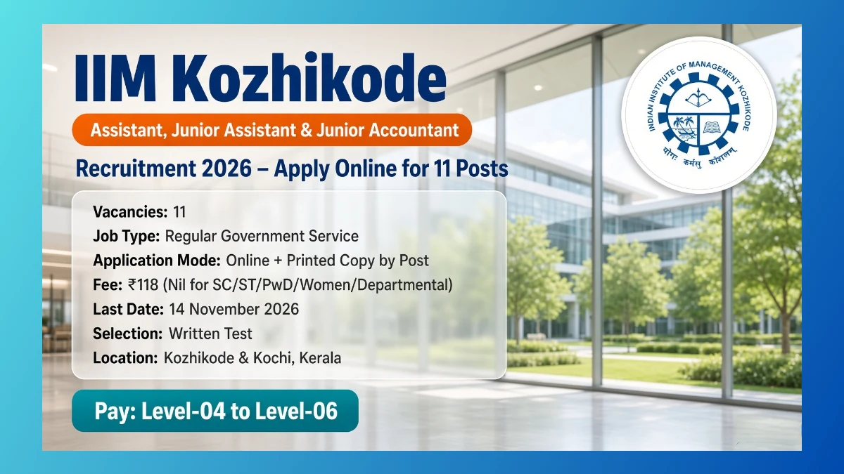 IIM Kozhikode Assistant Recruitment 2026 notification for 11 regular posts in Kerala