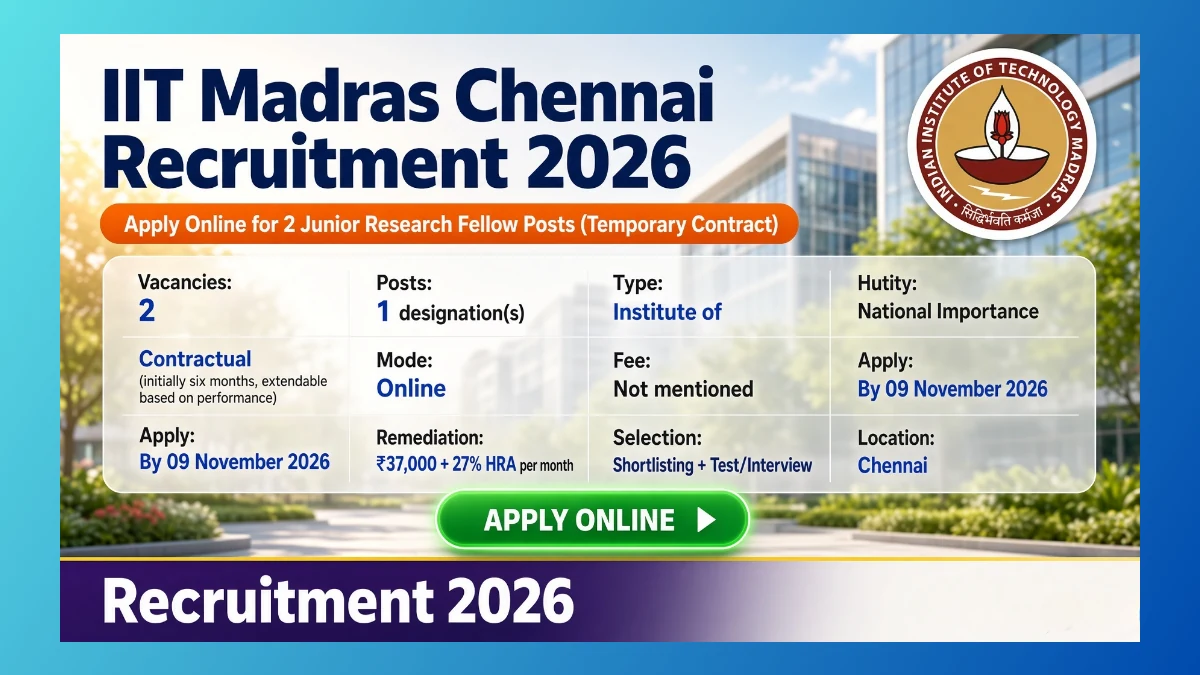 IIT Madras Junior Research Fellow recruitment 2026 for 2 posts in Chennai
