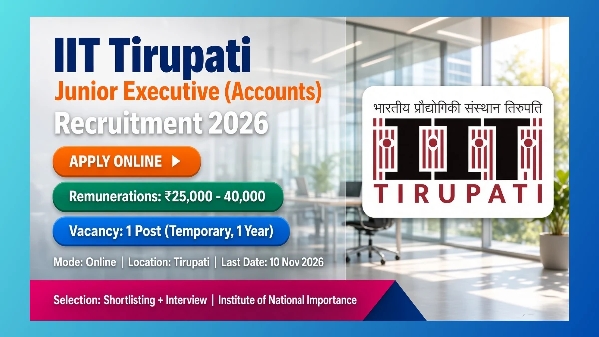 IIT Tirupati Junior Executive Accounts recruitment 2026 for one temporary post in Tirupati
