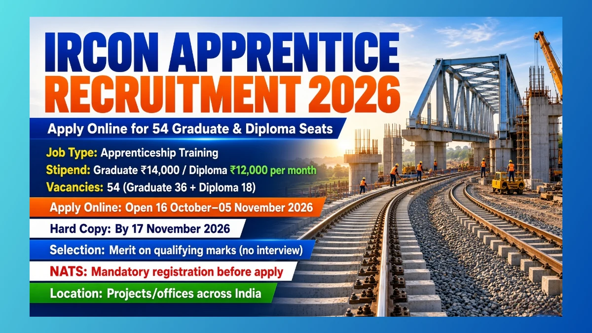 IRCON Apprentice Recruitment 2026 for 54 Graduate and Diploma training seats