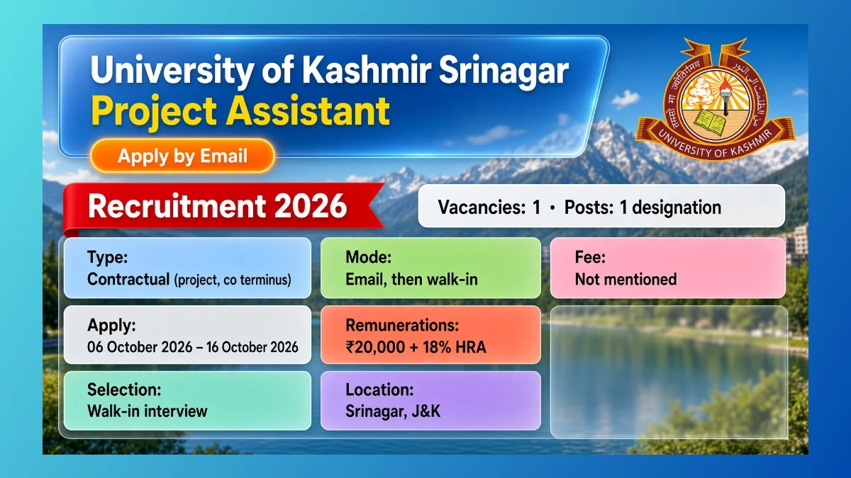 Kashmir University Srinagar Project Assistant Recruitment 2026 notice for one DBT project seat