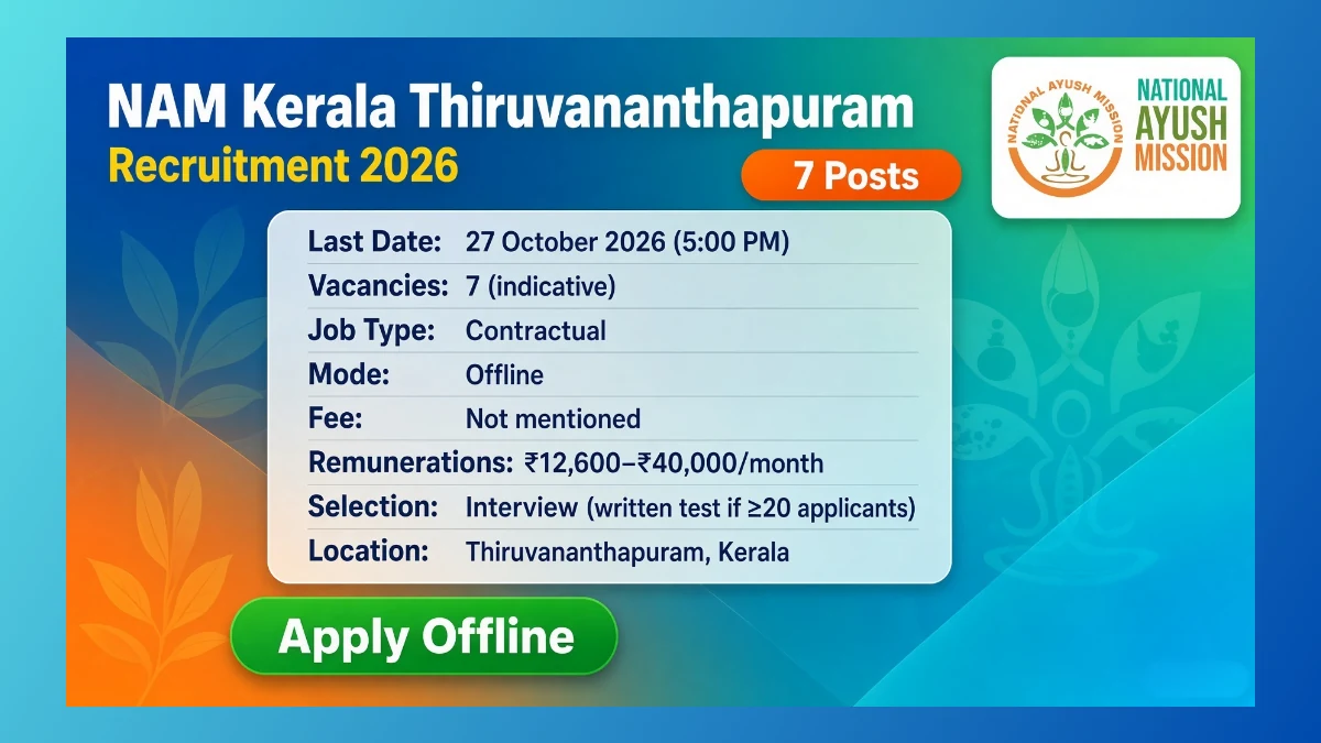 NAM Kerala Thiruvananthapuram Recruitment 2026 for 7 contract posts including DEO and Sweeper