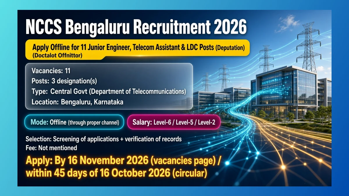 NCCS Bengaluru deputation recruitment 2026 for Junior Engineer Telecom Assistant and LDC posts
