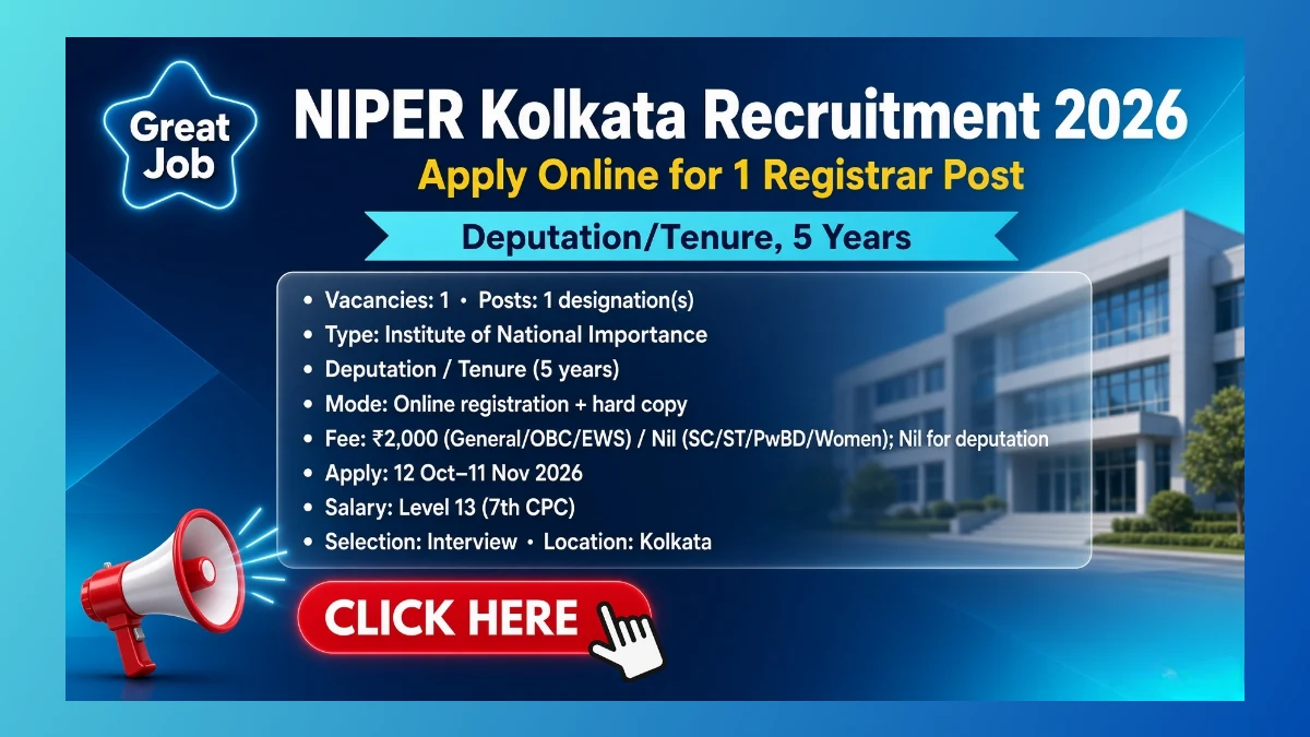 NIPER Kolkata Registrar recruitment 2026 apply online for Level 13 post