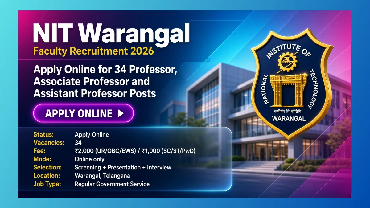 NIT Warangal Faculty Recruitment 2026 for 34 Professor and Assistant Professor posts