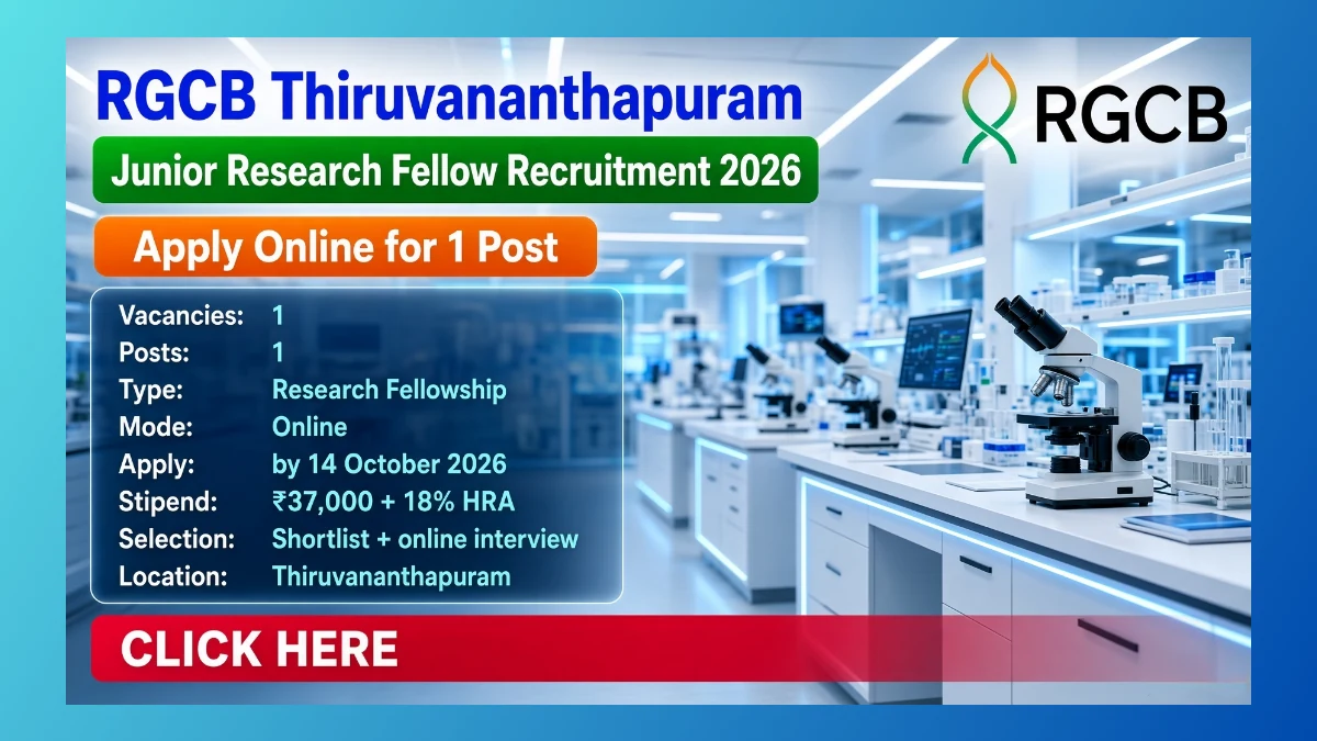 RGCB Thiruvananthapuram Junior Research Fellow Recruitment 2026 for 1 CSIR-ASPIRE seat