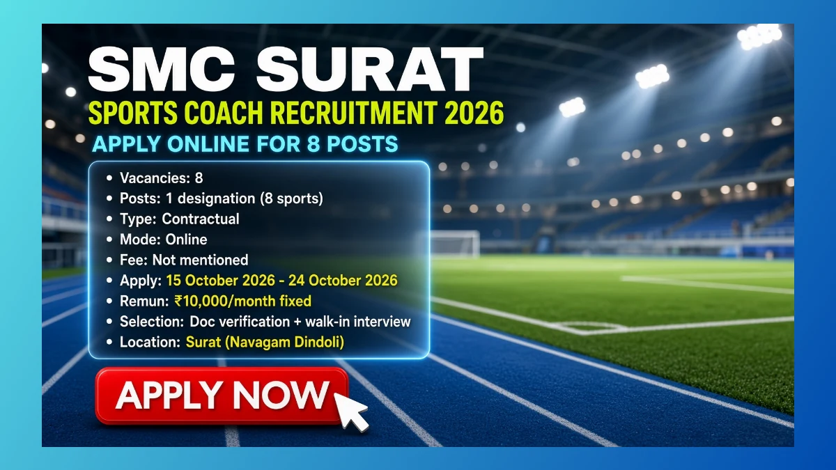 SMC Surat Sports Coach Recruitment 2026 for 8 honorary coach posts at Navagam Dindoli
