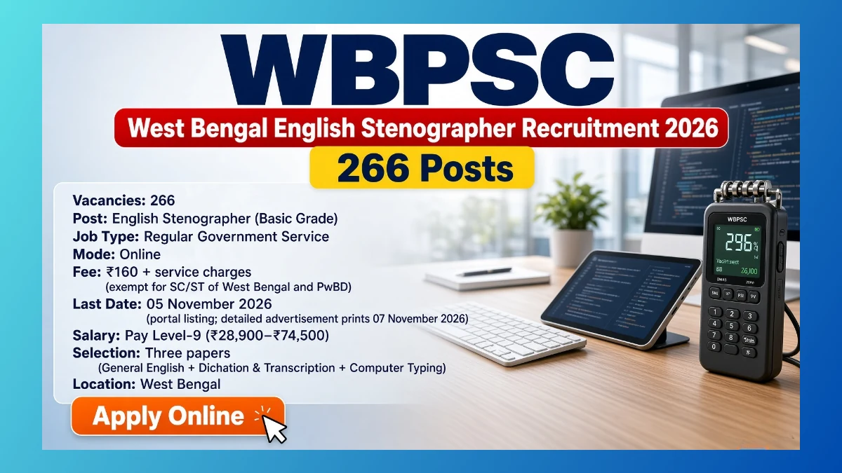 WBPSC West Bengal English Stenographer Recruitment 2026 for 266 posts