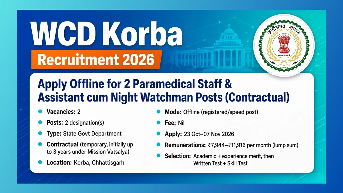 WCD Korba recruitment 2026 for Assistant cum Night Watchman and Paramedical Staff posts